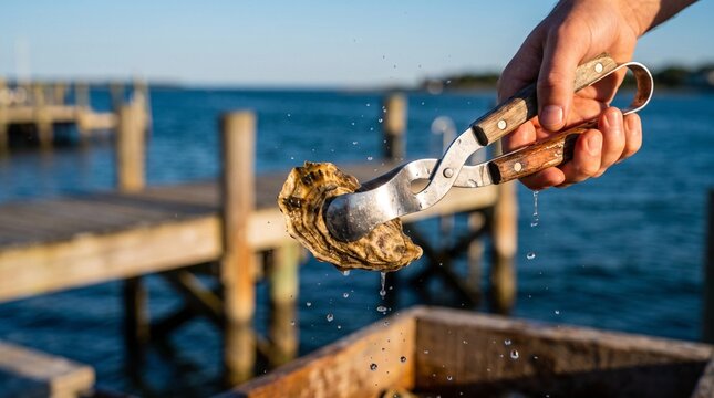 Oyster tongs tool, Fresh oyster being shucked by hand on seaside pier  