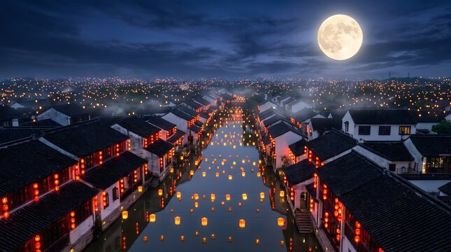Traditional Chinese Water Town Illuminated with Red Lanterns Under Full Moon at Night