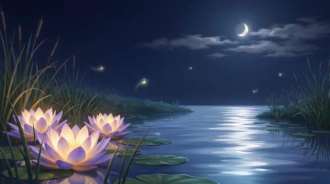 Pink Lotus Flowers Blooming on Tranquil Pond Under Crescent Moon with Fireflies at Night