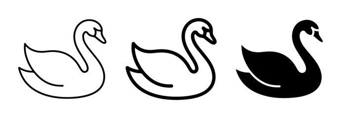 Fototapeta premium Elegant Swan Icons, Black and White Line Art Vector Set, Graceful Bird Graphics