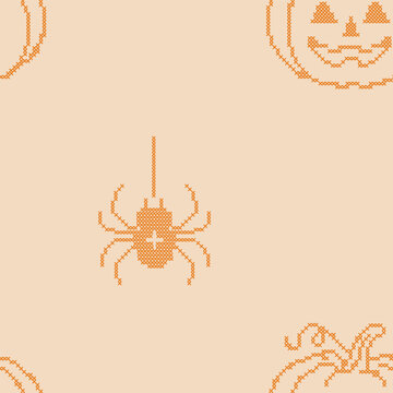 Gothic cross stitch Halloween seamless pattern. Boho embroidery folk art texture. Repeatable spider and jack o'lanter pumpkin motif on backdrop for digital scrapbooking, autumn textiles, eerie design.