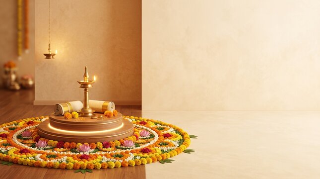 Minimalist 3D product podium warm festive Indian aesthetic circular display stand with Pookalam floral pattern premium Onam advertising mockup