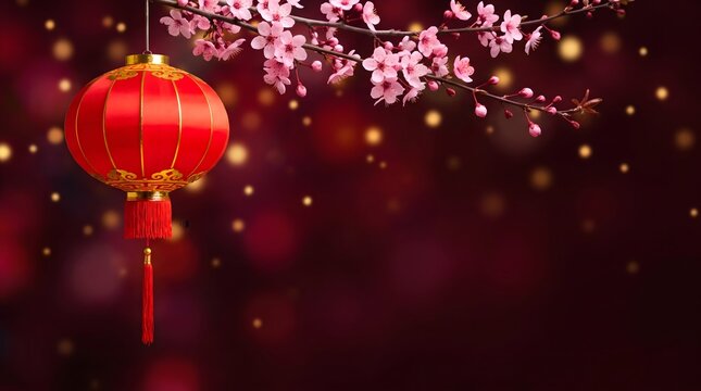 Red Chinese Lantern Hanging on Cherry Blossom Branch with Golden Bokeh Lights for Lunar New Year Celebration