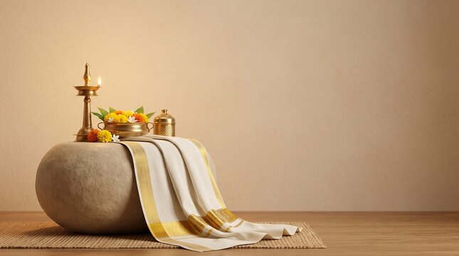Minimalist 3D product podium elegant Kerala Kasavu white and gold fabric draped over smooth stone stand premium Onam mockup