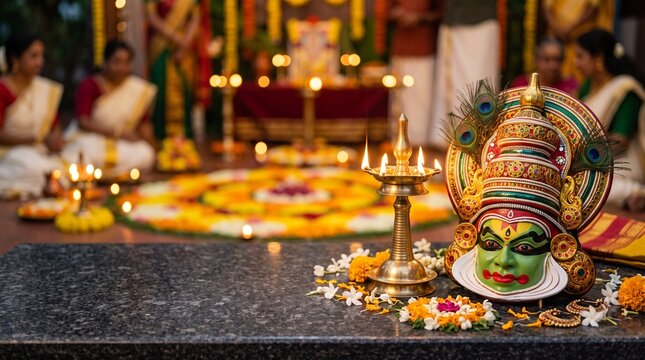 Beautiful Kathakali mask and traditional brass oil lamp on smooth stone surface Onam festival celebration softly blurred background mockup