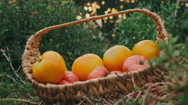 low ground-level shot of woven straw basket filled with large yellow and pink-red tomatoes resting on green