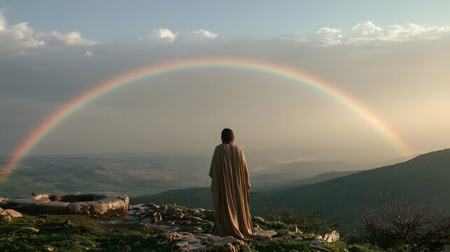 A figure in a tan robe standing on a mountain peak looking at a full rainbow over a valley