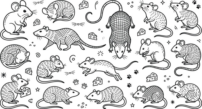 Cute Mouse and Rat Line Icon Set Featuring Rodents Eating Cheese Running Sleeping and Standing Characters with Paw Prints for Animal Pattern Graphic Design