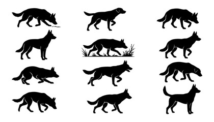 Obraz premium Dogs, Silhouette Set of Canine Figures in Various Poses Featuring Dog, Animal