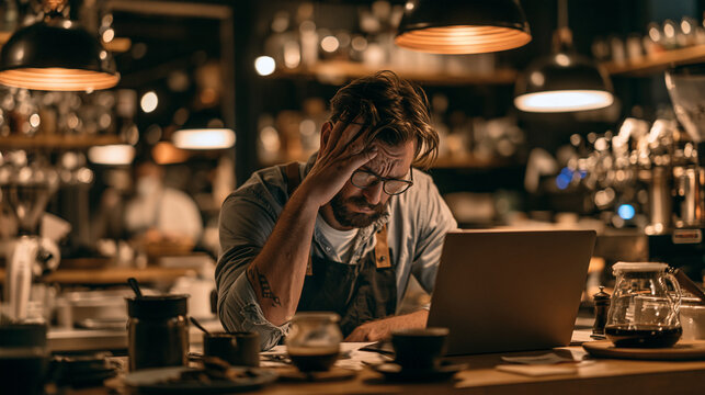 Frustrated man, barista and laptop with mistake for fatigue, eye strain or company bankruptcy at restaurant. Male person, bartender or overworked on computer for fail, loss or debt at indoor bar