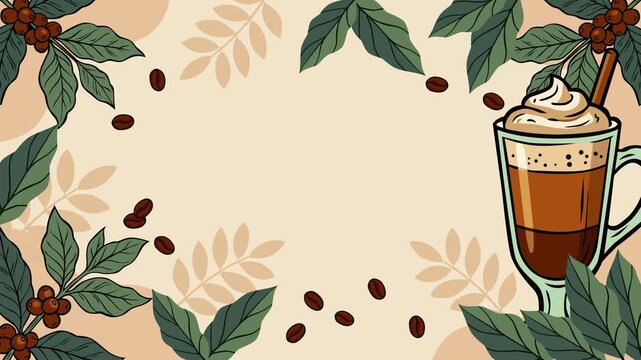 Warm coffee-themed animated background featuring a creamy coffee cup, scattered roasted beans, botanical leaves, and a soft beige backdrop with generous copy space