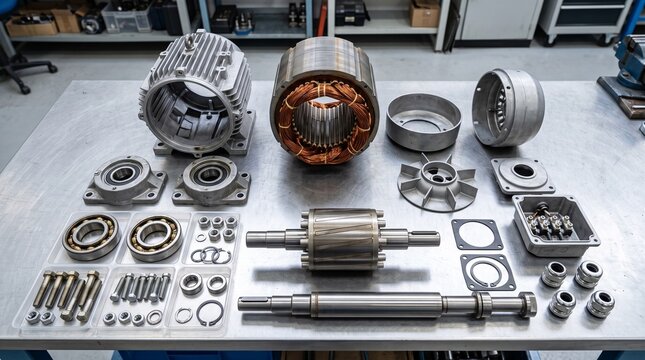 Disassembled electric motor parts laid out on a metal workbench in a repair workshop.