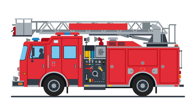 Detailed vector illustration of a red fire truck side view