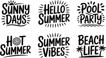 Obraz premium Summer typography quote collection with hand drawn lettering vectors for sunny days beach life pool party and vacation designs isolated on white