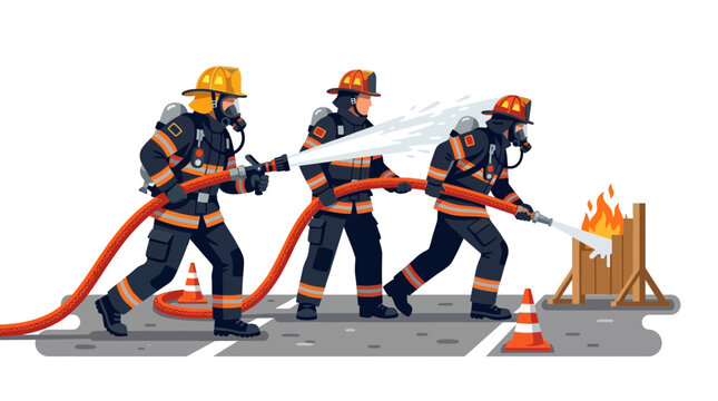 Firefighters in action extinguishing flames during training exercise