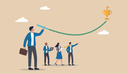 Fototapeta premium Leadership direction guidance solution follow manager create strategy or way to achieve success, leading to win concept, businessman leader draw line for employees to follow