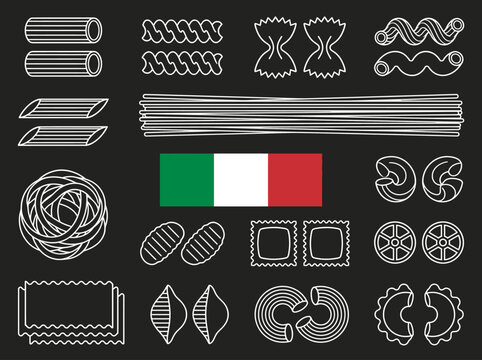 Italian Pasta Variety Line Art Icons with Italy Flag on Black Background