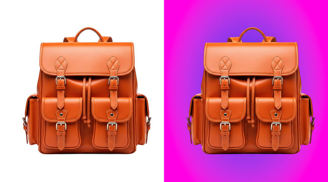 A vintage style orange leather backpack with multiple pockets, silver buckles, and straps, isolated on a white background, for travel gear
