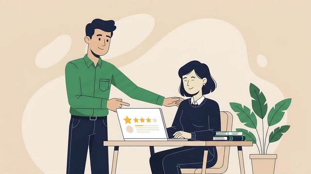 Manager and Employee Reviewing 5-Star Customer Feedback on Laptop in Office