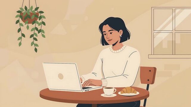 Animated Young Woman Working on Laptop in Cafe, Enjoying Coffee and Croissant, Remote Work