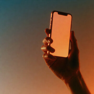 Human Hand Holding Smartphone with Blank Screen in Warm Orange Sunset