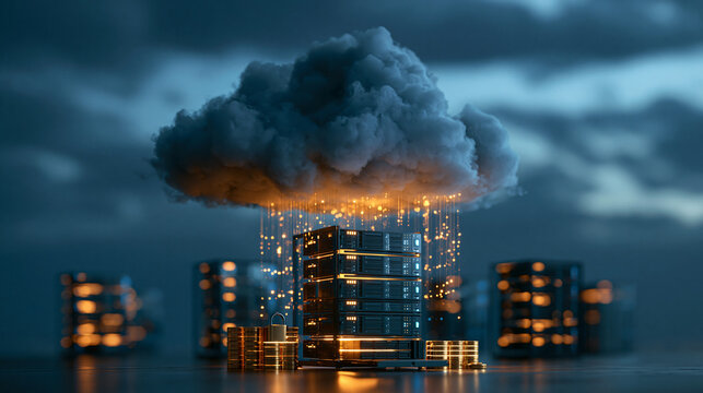 disaster recovery concept, enterprise data restored from a secure cloud after system outage, glowing backup streams, dramatic yet optimistic technology visual --no text, watermark, logo
