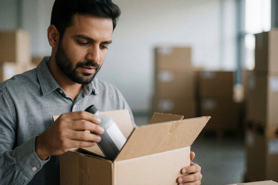 Indian warehouse worker unpacking bottle from cardboard box