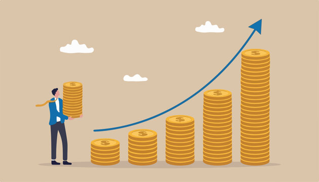 Compound interest effect, high return investment stock market growth and prosperity economic concept, businessman to investor holding high stack dollar money coins put as growth compound graph 