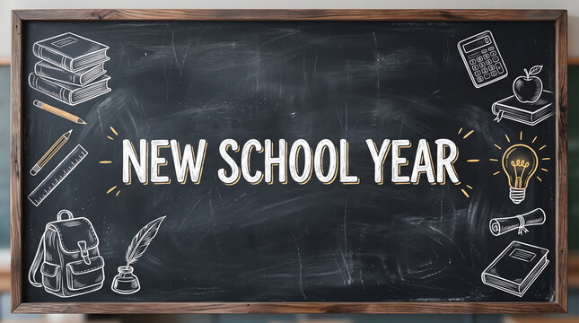 New School Year Chalkboard with Hand Drawn School Supplies and Icons