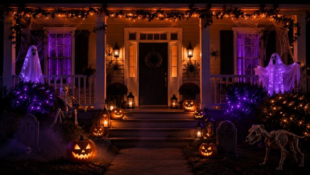 Haunted House Halloween Decorations at Night
