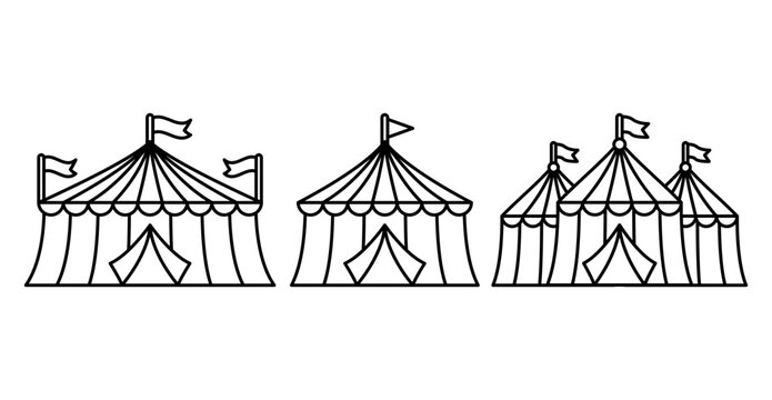 A set of three hand drawn circus tent illustrations in black and white line art style.
