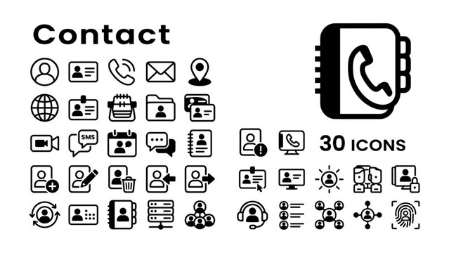 Contact Icons Collection: A comprehensive set of 30 minimalist icons representing various contact and communication methods, including phone, email, user profiles, and location services.