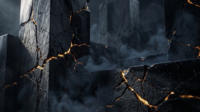 Abstract futuristic 3D background with geometric glass, liquid chrome, obsidian textures and glowing crystals