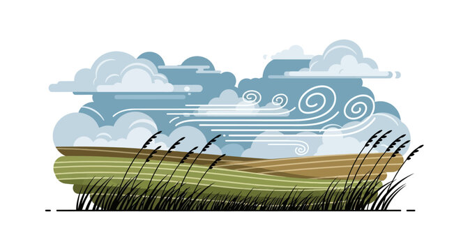 Vector illustration of a windy landscape with rolling hills and clouds