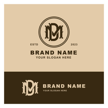 Vintage monogram logo template with MD letters inside circular badge on beige background