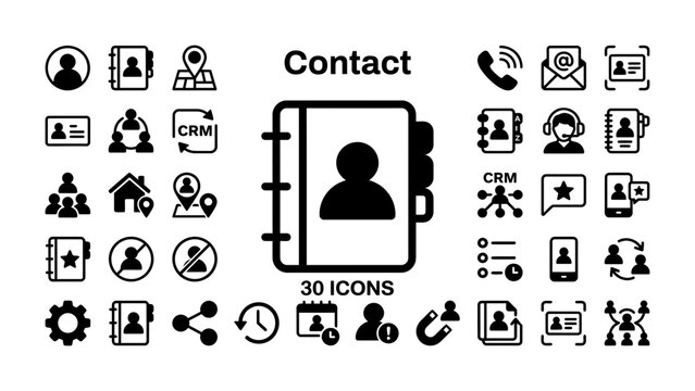 Contact Icons Set: A comprehensive collection of 30 black and white icons designed for contact management, networking, and business communication, featuring essential symbols for phone, email.