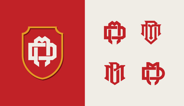 Set of red interlocking MD monogram logos for sports team branding on cream background