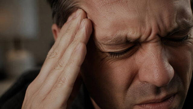 Close-up of a man hand pressing firmly against their temple, eyes squeezed shut and brow deeply furrowed in visible pain. Acute migraine pain concept