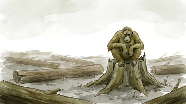 For World Animal Day. Sad orangutan sitting on a tree stump in a deforested area with habitat loss