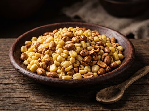 A rustic clay dish filled with maize kernels and roasted peanuts served on a weathered wooden table with a vintage wooden spoon