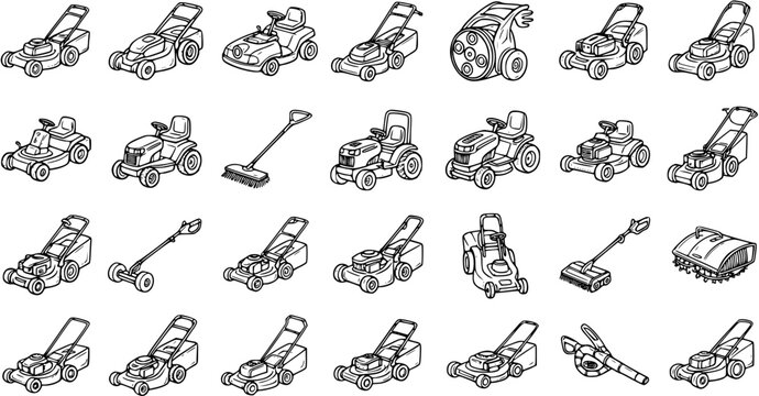 Lawn Care Gardening Equipment Outline Set: Black and White Line Art Icons of Various Mowers, Leaf Blower, and Aerator for Outdoor Maintenance