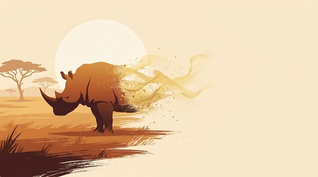 For World Animal Day. Rhino dissolving into dust particles in an african savanna landscape