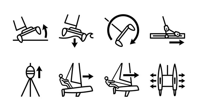Sailing Tutorial Icons: A collection of instructional line art icons illustrating the various stages and maneuvers involved in sailing a small sailboat, including launching, tacking, and steering.