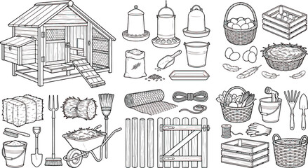Rustic chicken coop and poultry farming equipment set, hand drawn farm icons, backyard poultry raising vector illustrations © Muhammad Azam