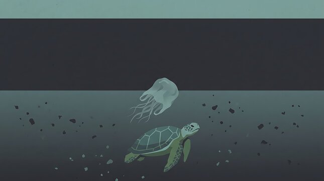 For World Animal Day. Sea turtle swimming near a jellyfish in polluted ocean waters with sea life