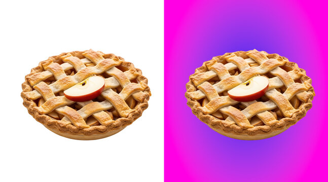 Freshly baked round apple pie with a lattice crust and a single apple slice on isolated on a white background, for food display