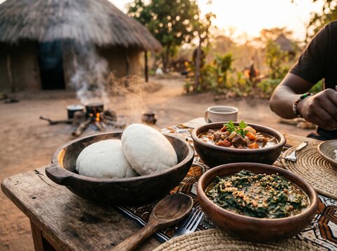 Traditional nshima served with beef stew and vegetables in a rural village setting during golden hour