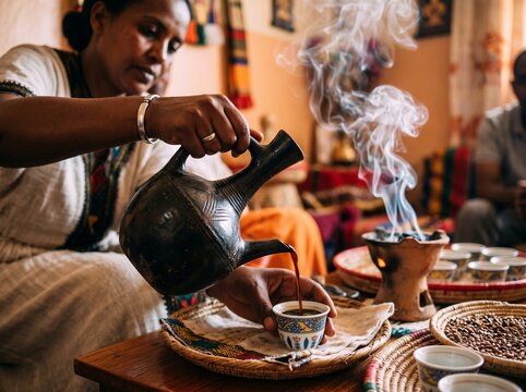 Ethiopian woman pouring coffee from a traditional black clay jebena pot into a cup during a coffee ceremony