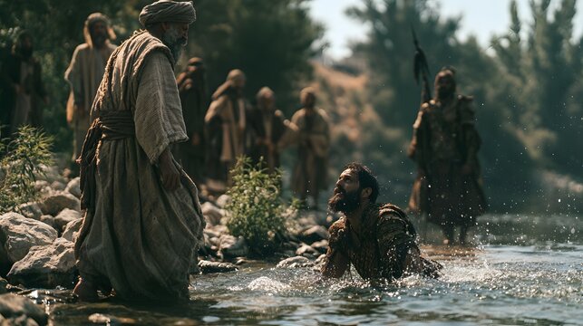 A man kneeling in a river being baptized by another man in ancient clothing