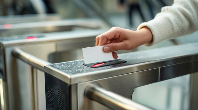 A hand is seen holding a card and touching a turnstile reader in